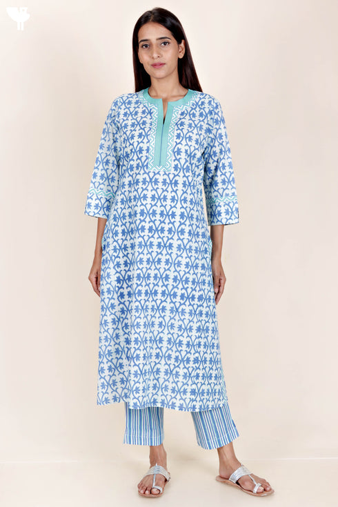 Cambric Cotton Kurta And Pant Set With Kota Dupatta In Block Print